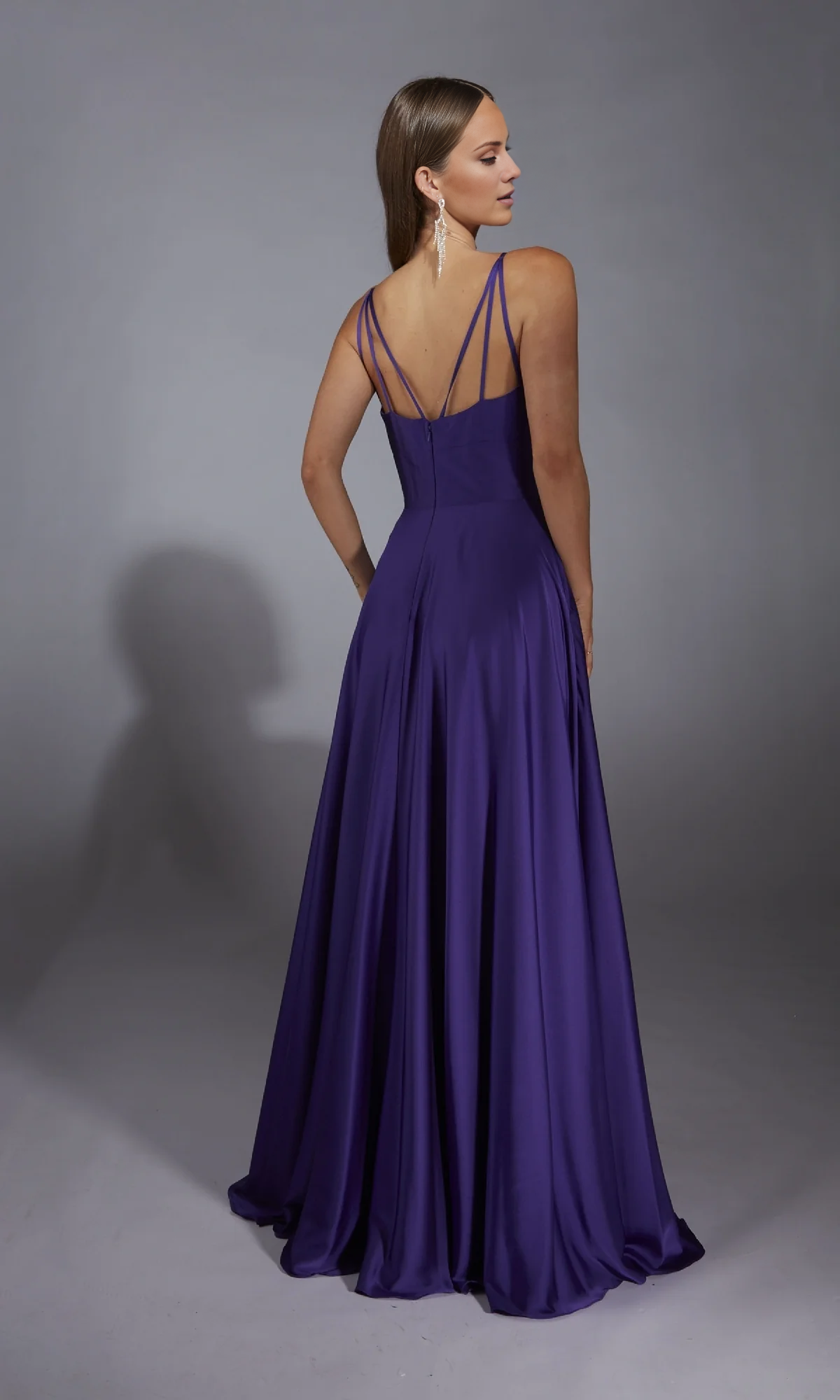 V-neck slim shoulder strap with backless side slit and floor length evening dress