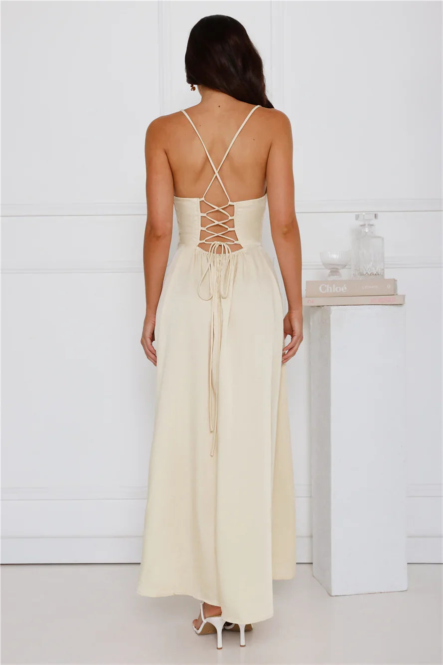asymmetrical neckline satin exposed back strap side slit long Prom dress