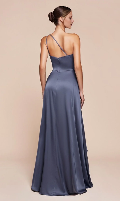 A-line satin single shoulder long side slit and floor length evening dress
