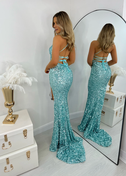deep V-neck sequin back strap side slit long Prom dress