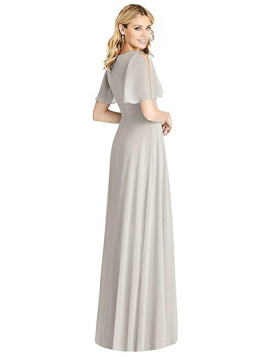 V-neck short sleeved slit and floor length evening dress