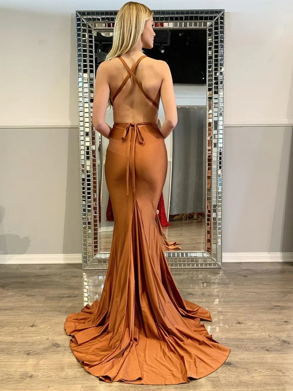 sexy long mermaid V-neck satin backless graduation formal prom dress