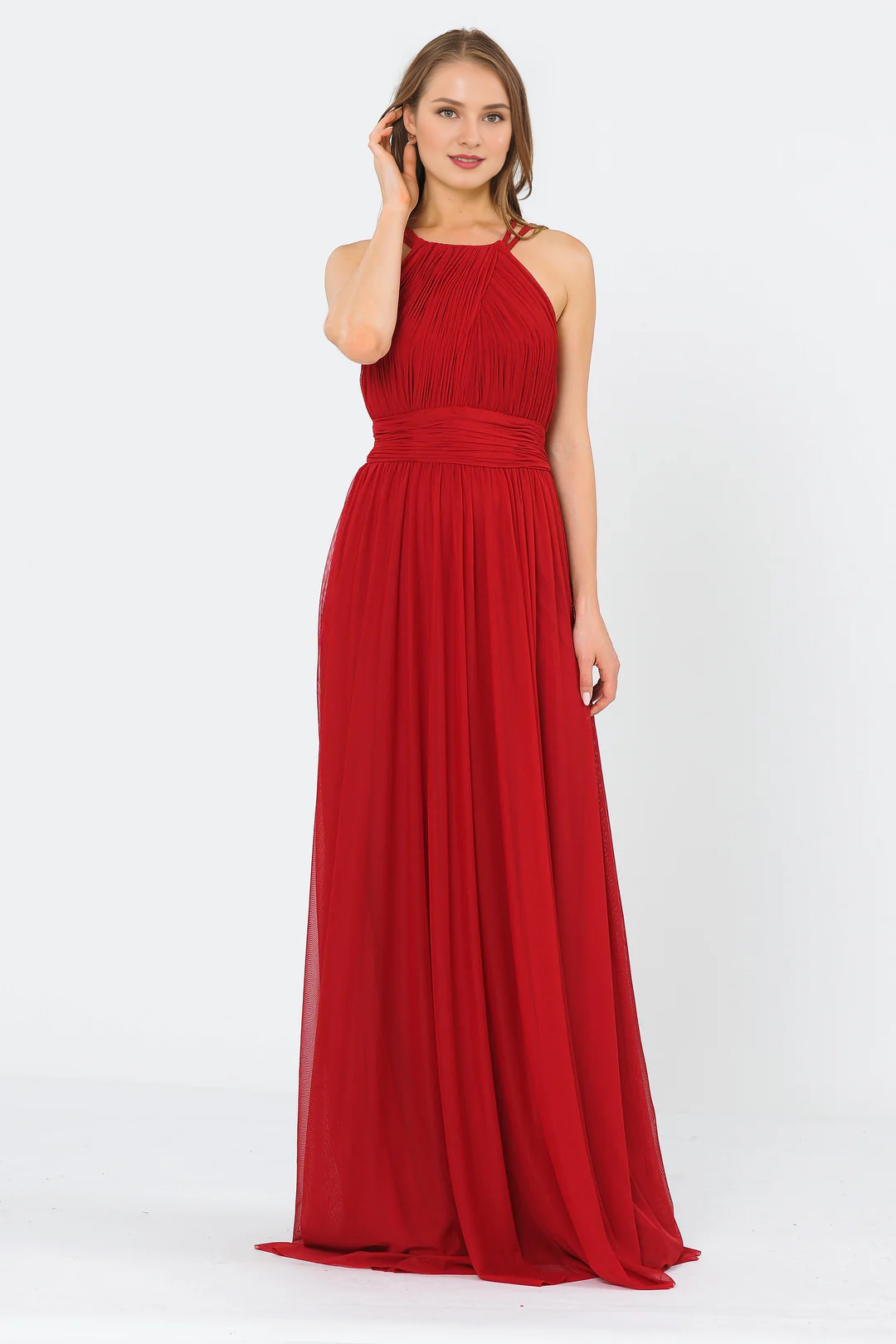 A-line pleated neck hanging long dress