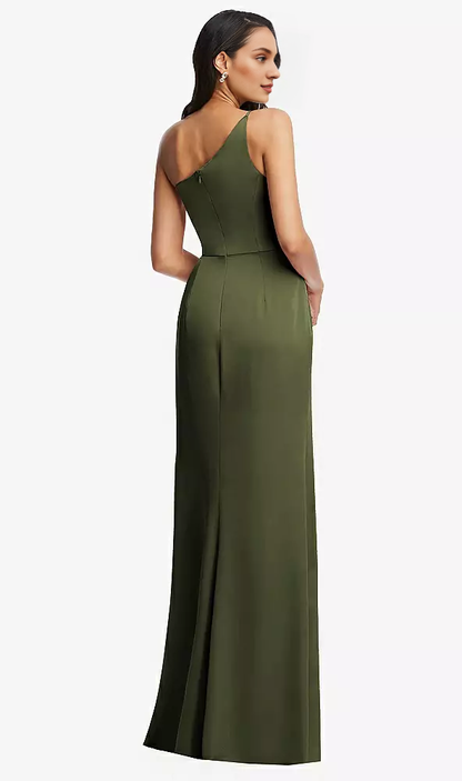 One shoulder pleated skirt with satin horn Prom dress