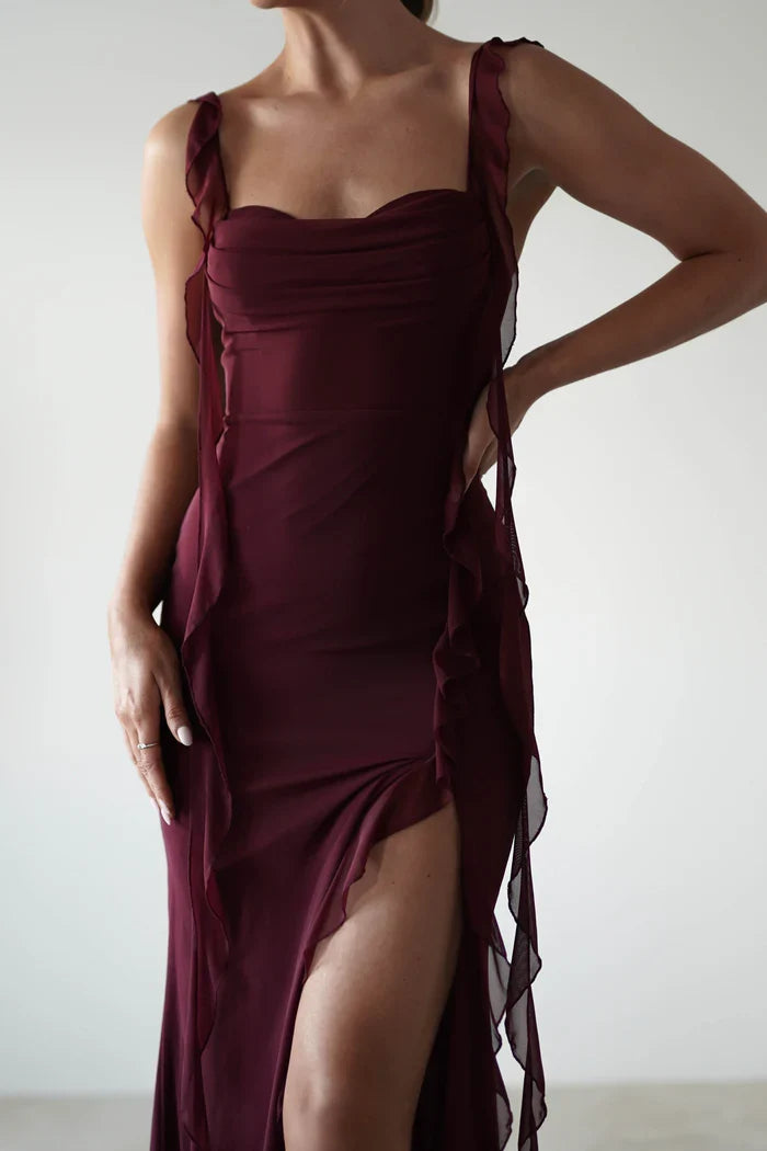 Square neck thin shoulder strap off shoulder long Prom dress - Dress