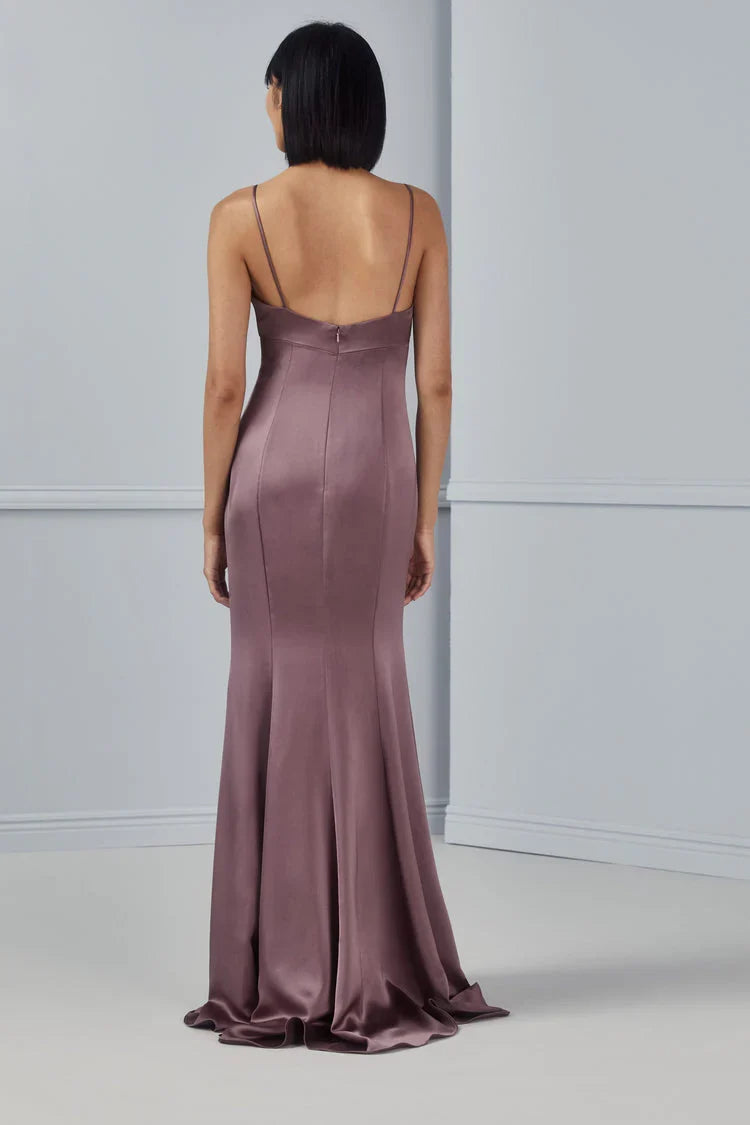 V collar off shoulder sleeveless thin shoulder strap backless side slit and floor length Prom dress