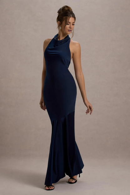 Satin long neck backless mermaid and floor length evening dress - dress