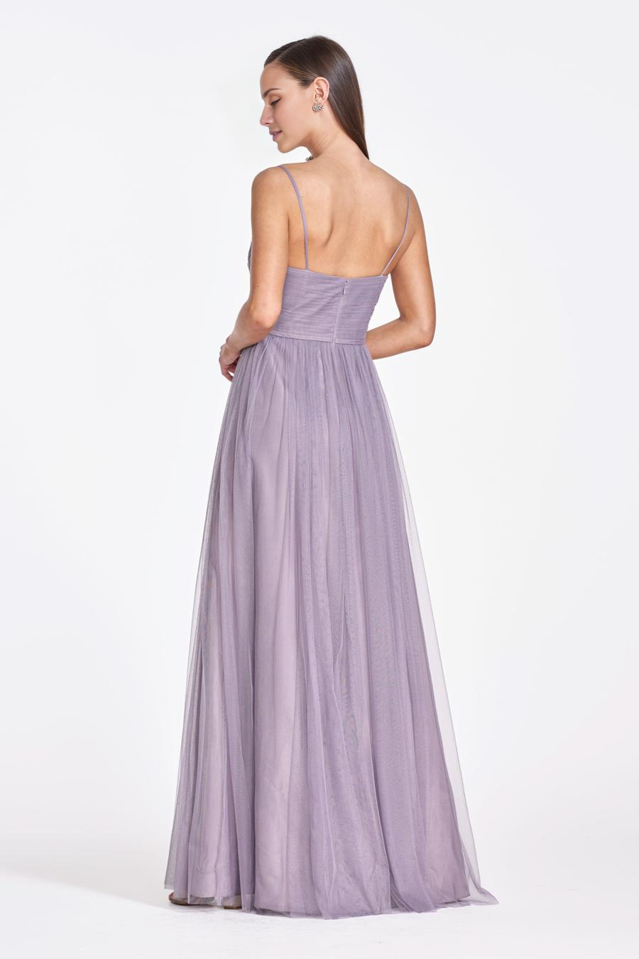 V-neck sleeveless off shoulder thin shoulder strap sheer backless and floor length evening dress