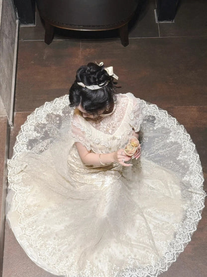 girlhomeshops-Birthday dress Lace Embroidery High-neck Gown, Retro Elegance Shows Feminine Softness gh5898