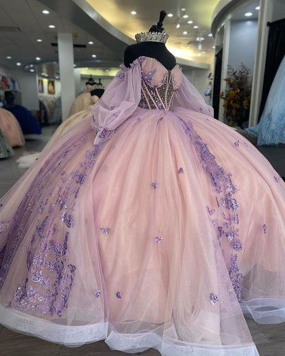 Princess 3D Butterfly Beading Crystal Ball Gown Quinceanera Dresses Illusion Sequined Appliques Lace Corset Vestidos De 15 Años