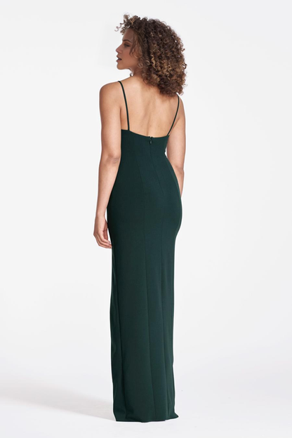 square neckline thin shoulder strap sleeveless backless side slit and floor length evening dress