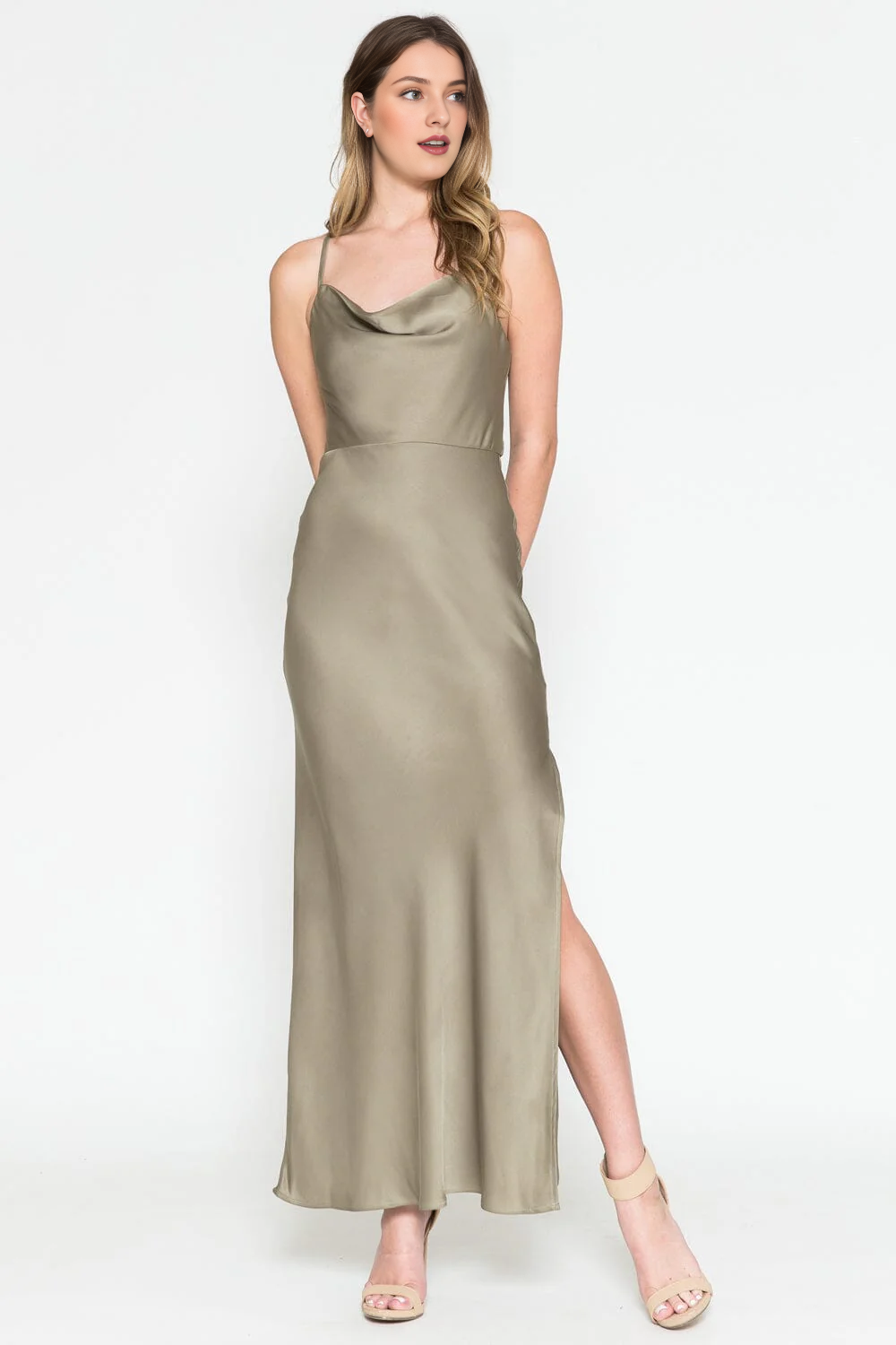 Fitted slit skirt long sleeveless high neck satin dress