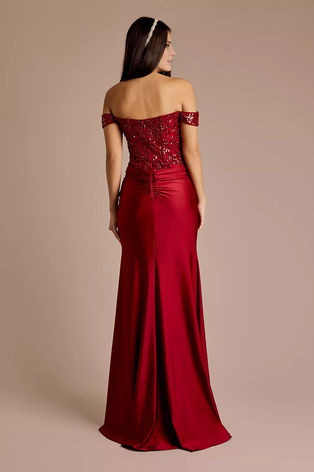 Sequin Applique Satin Off-Shoulder Sheath Dress