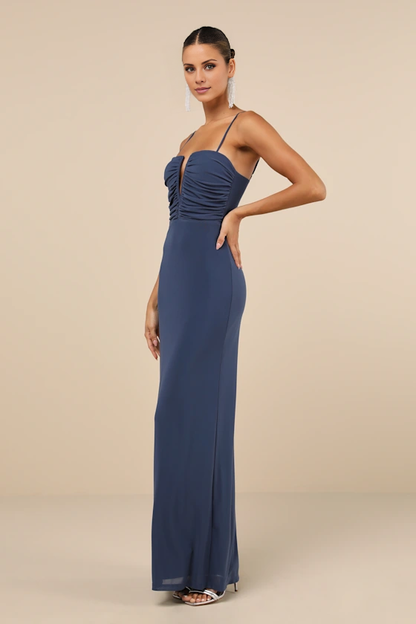 V collar off shoulder sleeveless thin shoulder strap backless and floor length evening dress