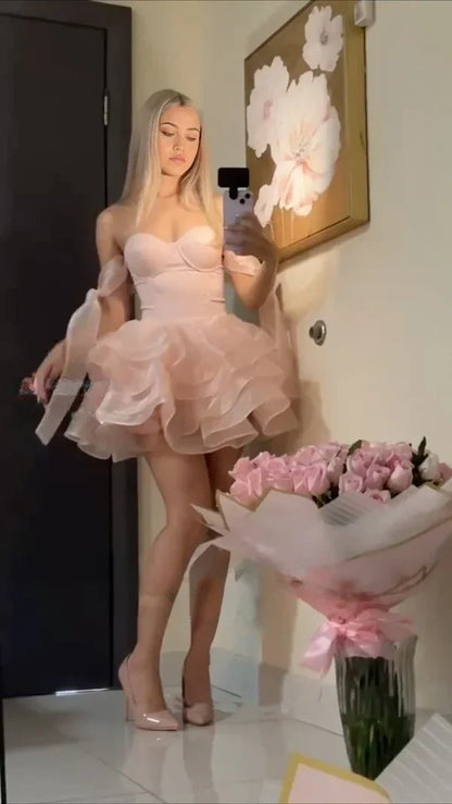 Vintage Pink Sweetheart Tulle A-line Strapless Homecoming Dress TP3770