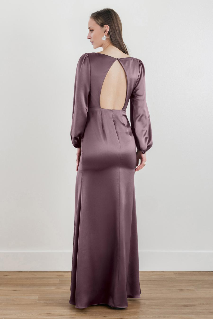 V-neck long sleeved backless side slit and floor length evening dress
