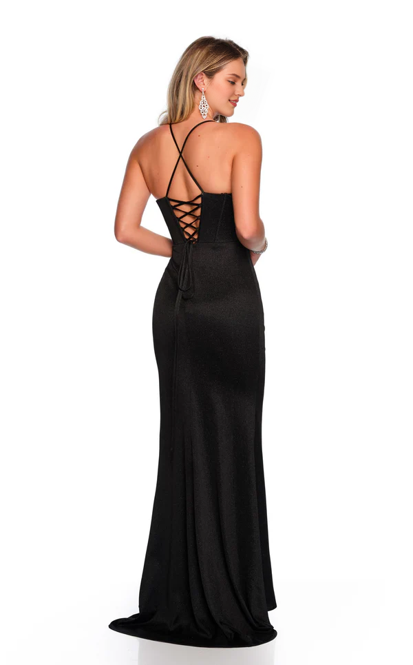 Thin shoulder strap tight corset with slit, exposed back and floor length Prom dress