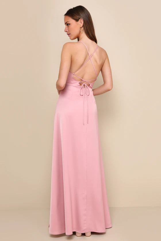 square neckline sleeveless thin shoulder strap backless side slit and floor length evening dress