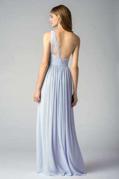 asymmetrical collar off shoulder sleeveless backless pleated and floor length evening dress