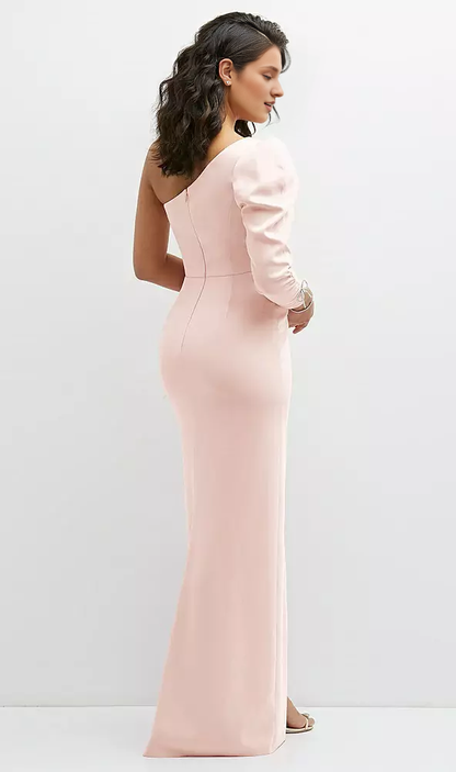 3/4 Bubble Sleeve One Shoulder Bow and Floor length Prom Dress