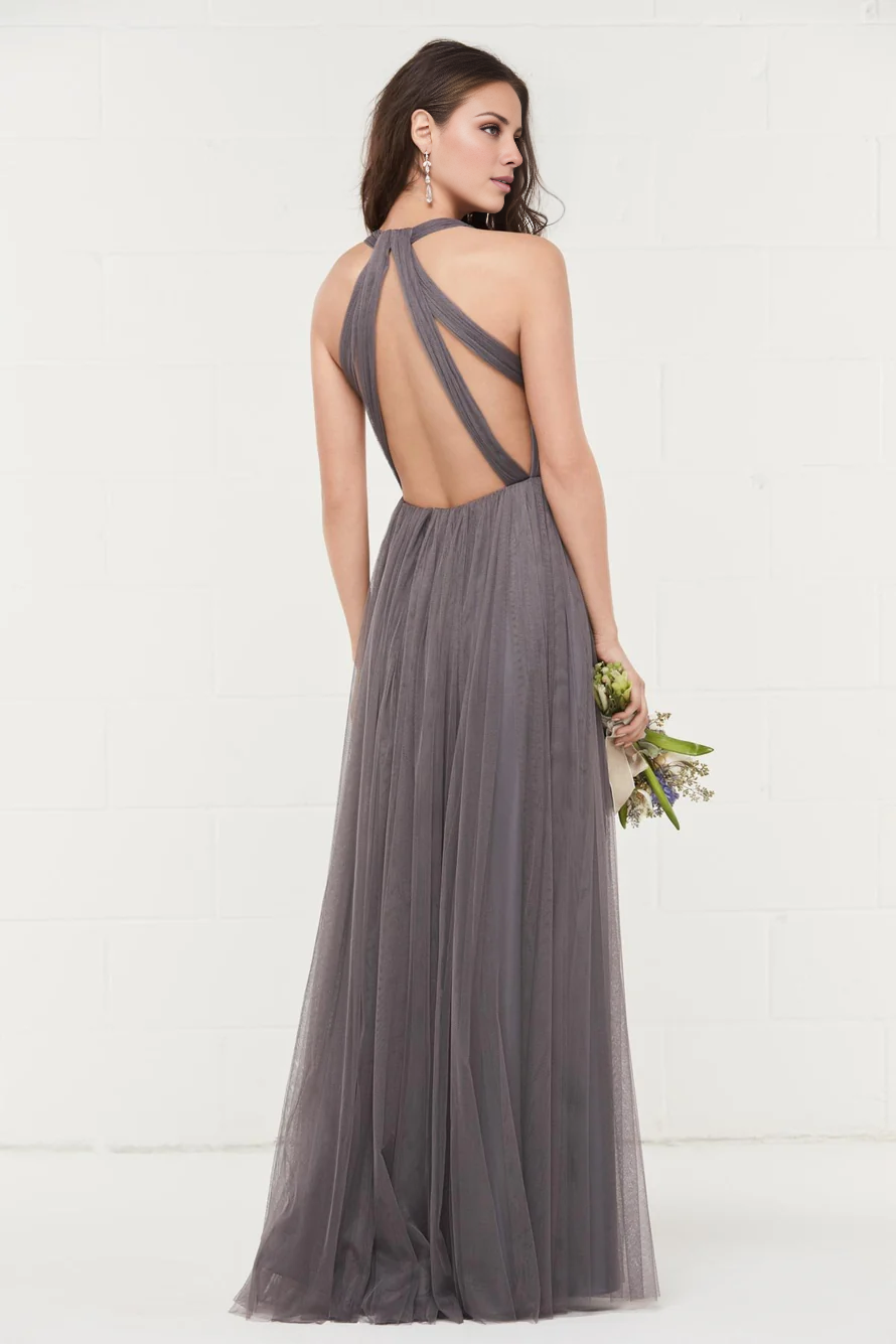 V collar off shoulder sleeveless pleated chiffon backless and floor length Prom dress