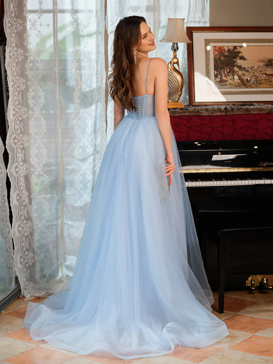 A-line princess thin shoulder strap slit sleeveless long ball gown