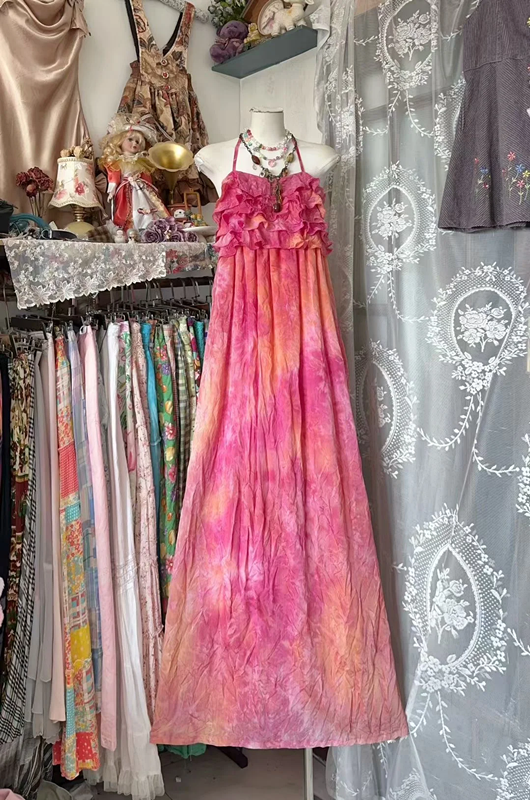 Pink halter neck straight cute long ball gown R7794