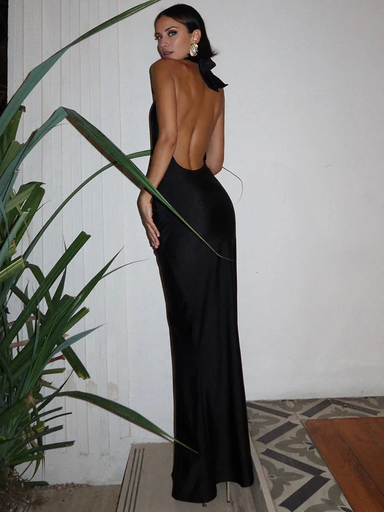 deep V-neck hanging neck off shoulder sleeveless backless and floor length Prom dress