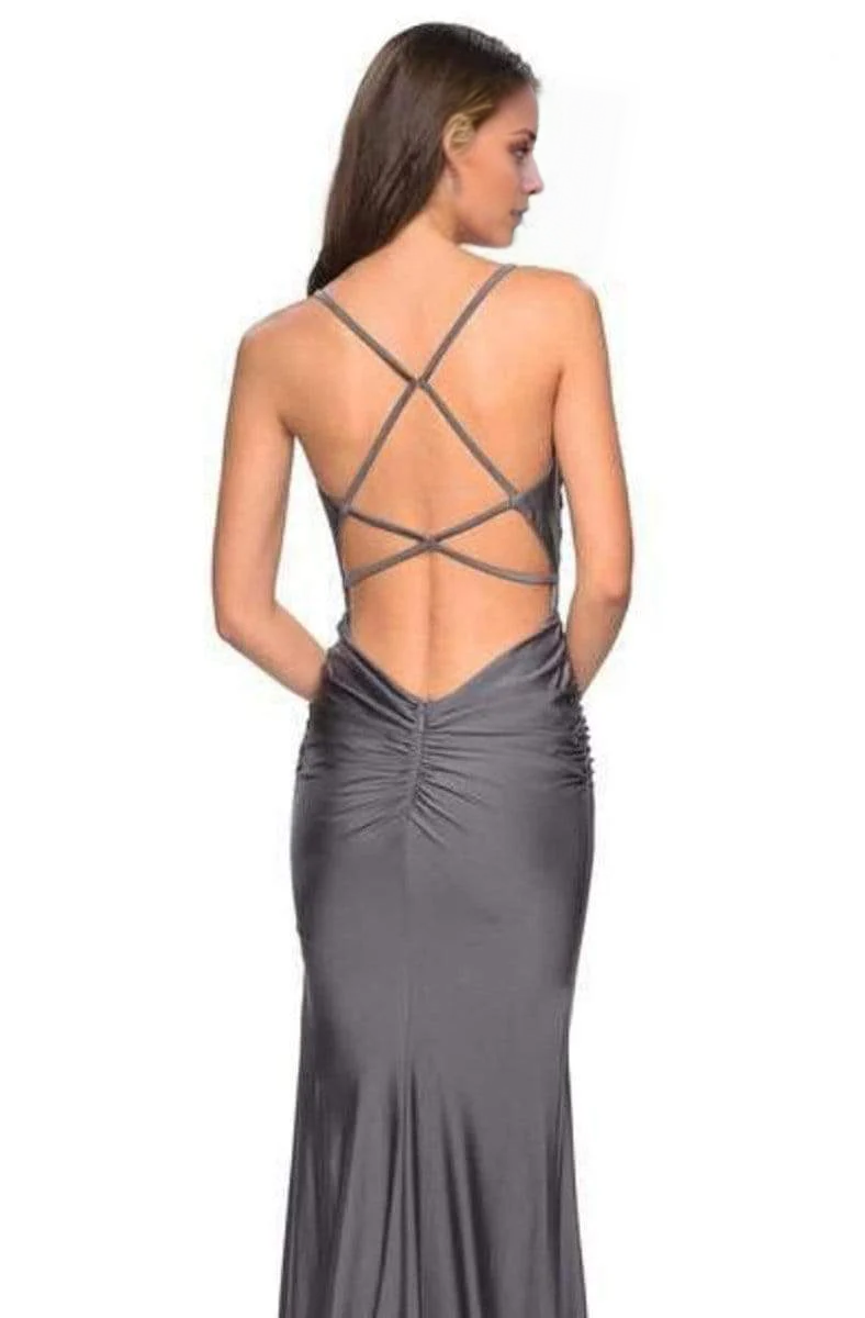 V-neck pleated sleeveless thin shoulder strap backless and floor length Prom dress