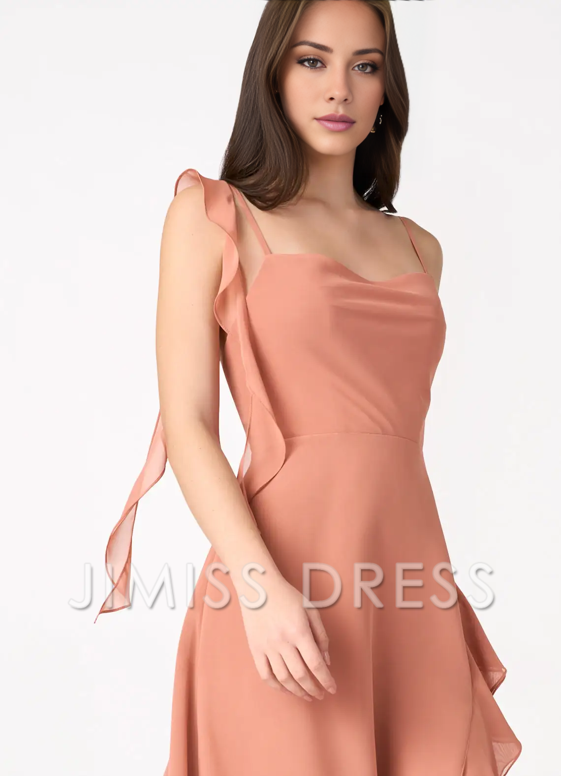 slim shoulder chiffon asymmetrical ruffle edge side slit and floor length Prom dress