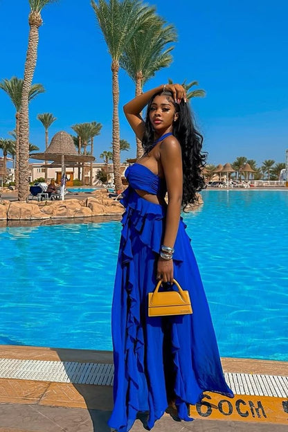Royal Blue Halter Evening Dresses Long Chiffon Prom Gowns