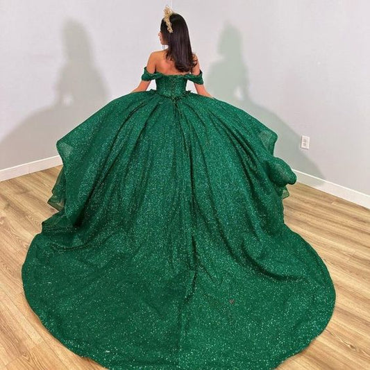 Emerald Green Shiny Handmade 3D Flowers Beading Quinceanera Dresses Ball Gown Off The Shoulder Sweet 16 Dress