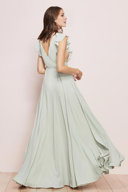 V-neck ruffle sleeves backless and floor length evening dress