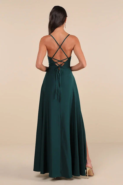 V-neck sleeveless thin shoulder strap with backless side slit ruffle edge and floor length evening dress