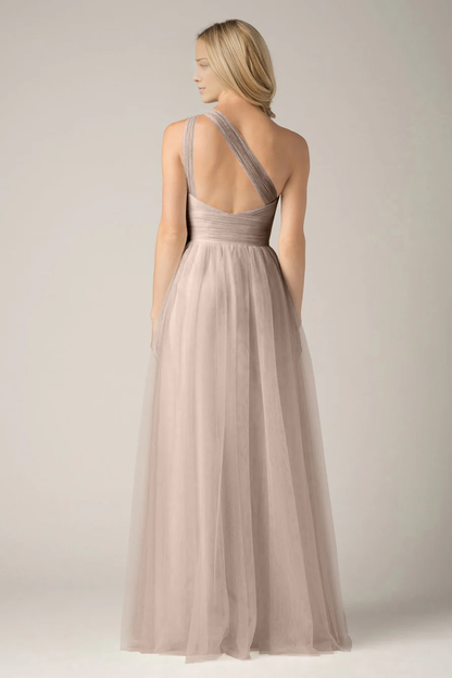asymmetrical neckline sleeveless backless sheer pleated and floor length Prom dress