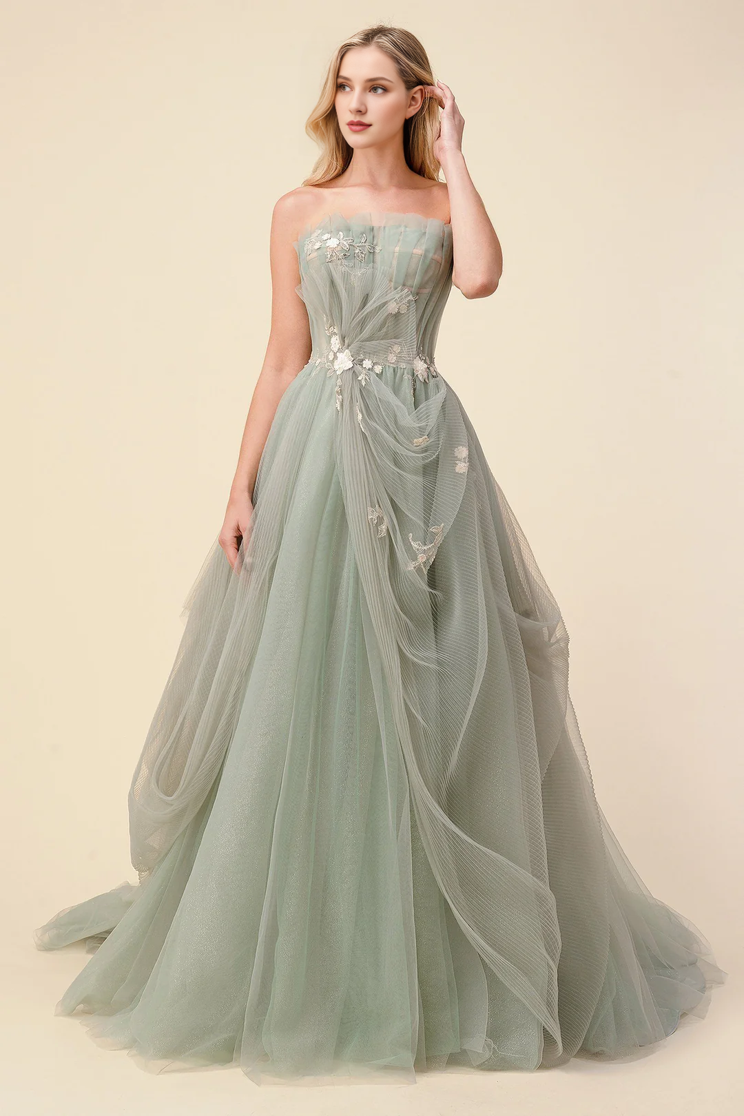 Pleated long strapless sheer A-line dress