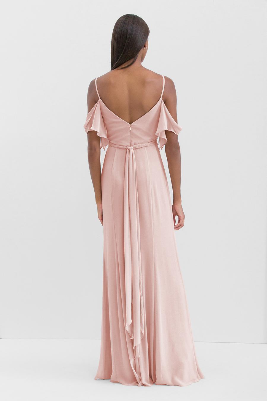 V-neck off shoulder pleated detail backless side slit and floor length evening dress
