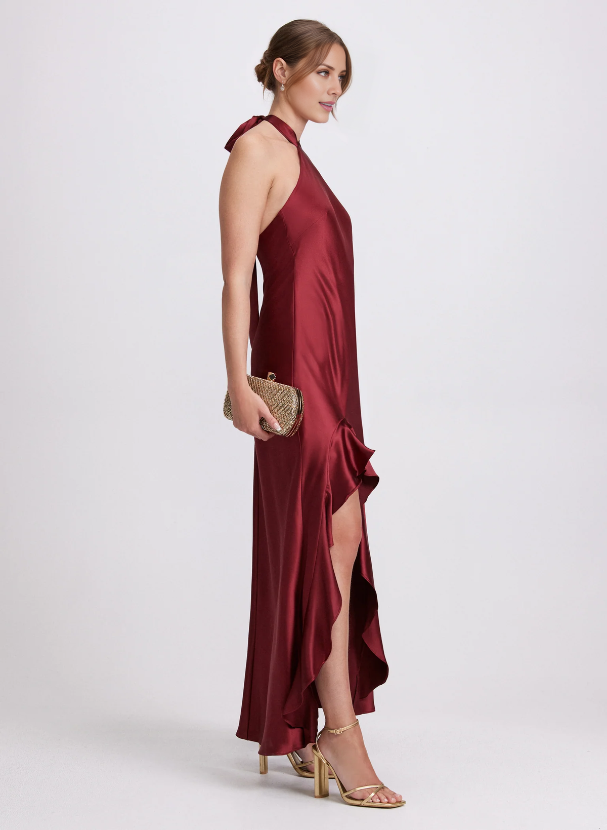 satin hanging neck sleeveless ruffle edge slit long Prom dress