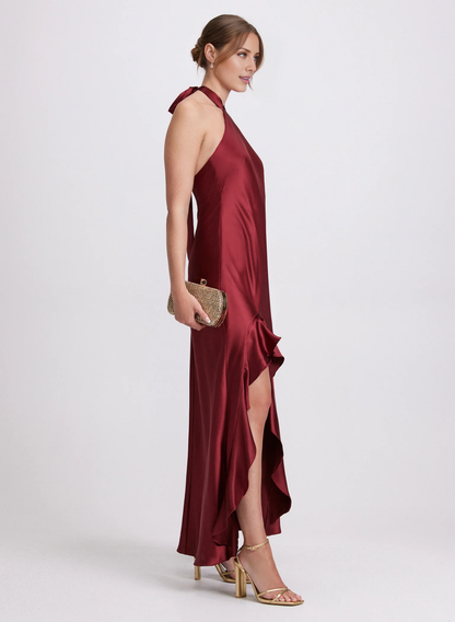 satin hanging neck sleeveless ruffle edge slit long Prom dress