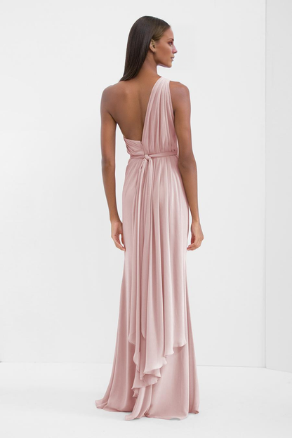 single shoulder neckline backless pleat details and floor length evening dress