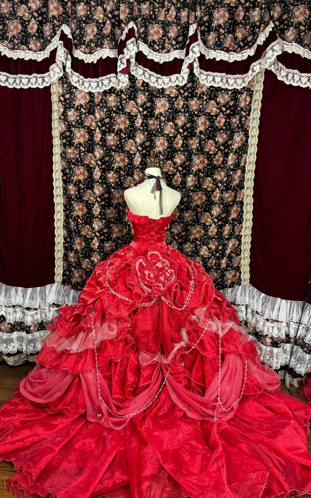 Red floral beaded long satin ball gown evening dress gh4768