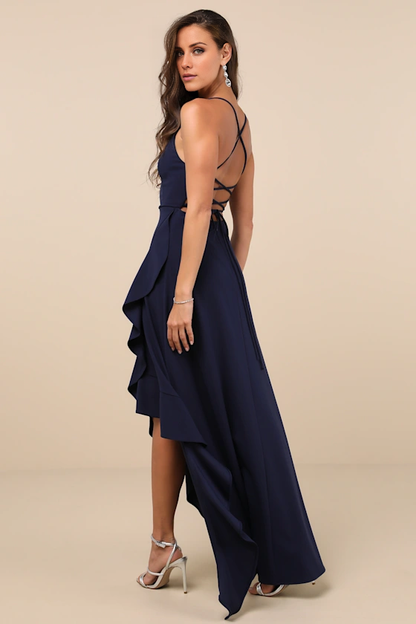 V collar off shoulder sleeveless thin shoulder strap backless and floor length evening dress