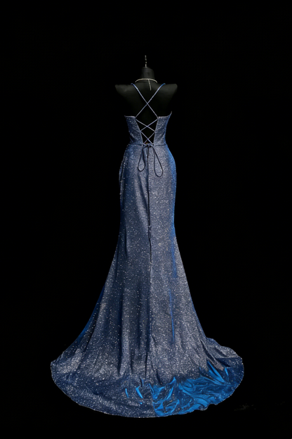 Galaxy Iridescent Style Blue Shimmer Halter Mermaid Gown - Starlight Theme Dinner & Red Carpet Dress gh6570