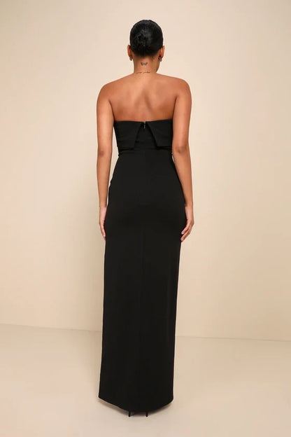 off shoulder collar sleeveless strapless backless side slit and floor length evening dress