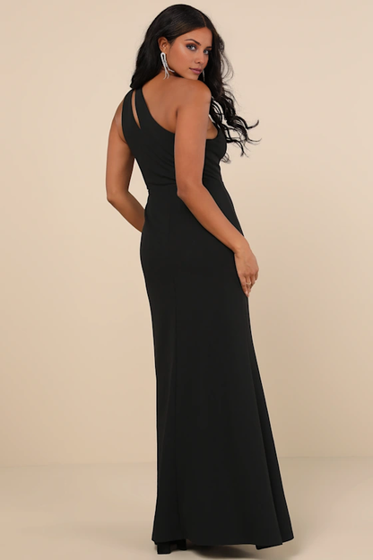 asymmetrical collar off shoulder sleeveless backless side slit and floor length evening dress