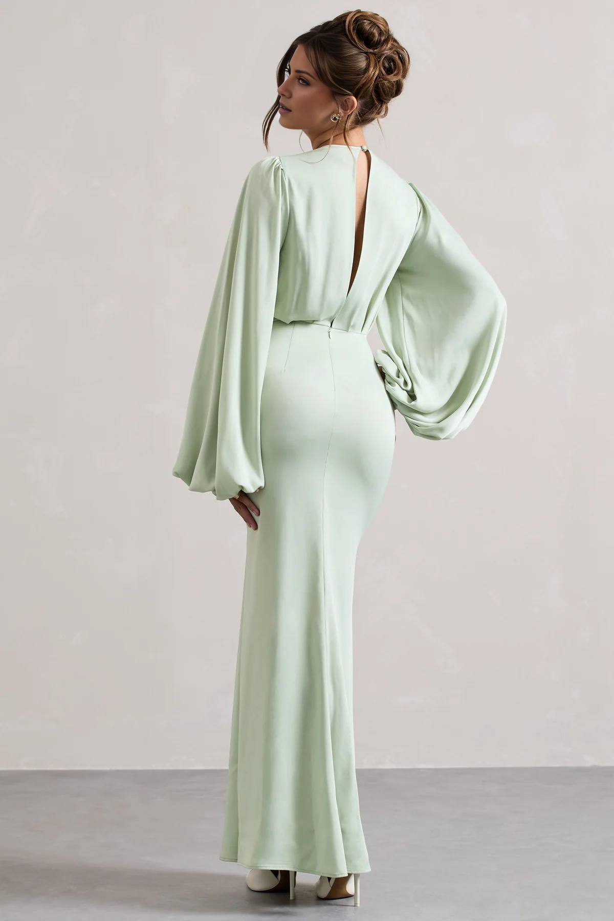 Bubble sleeve hollow round neck and floor length evening dress - dress