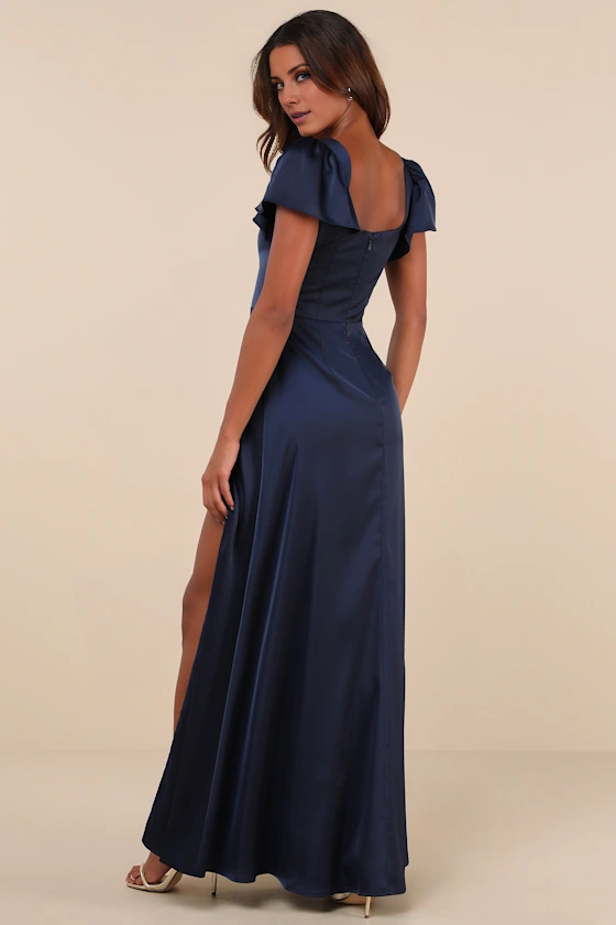 square neckline short sleeved backless side slit and floor length evening dress