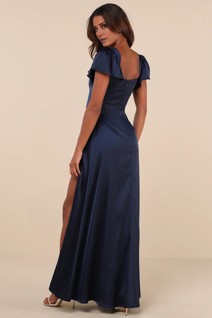 square neckline short sleeved backless side slit and floor length evening dress
