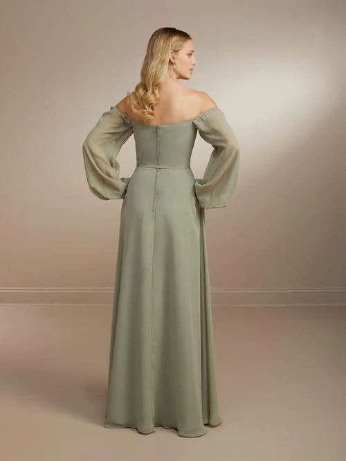 off shoulder collar long sleeved backless side slit and floor length evening dress