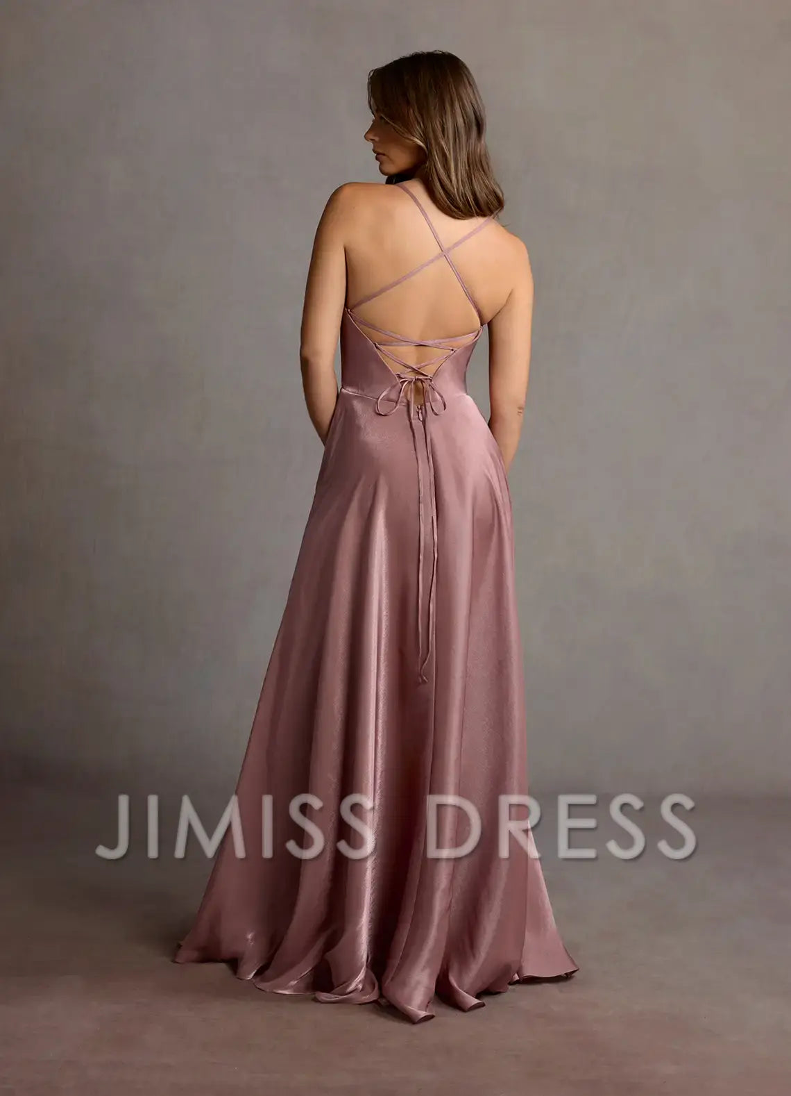 slim shoulder strap V-neck backless side slit and floor length Prom dress